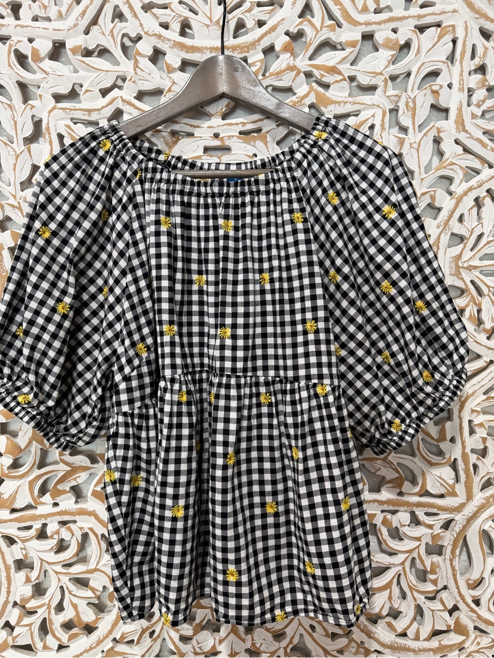 Black & White Gingham Puff-Sleeve blouse with Yellow Embroidery flowers